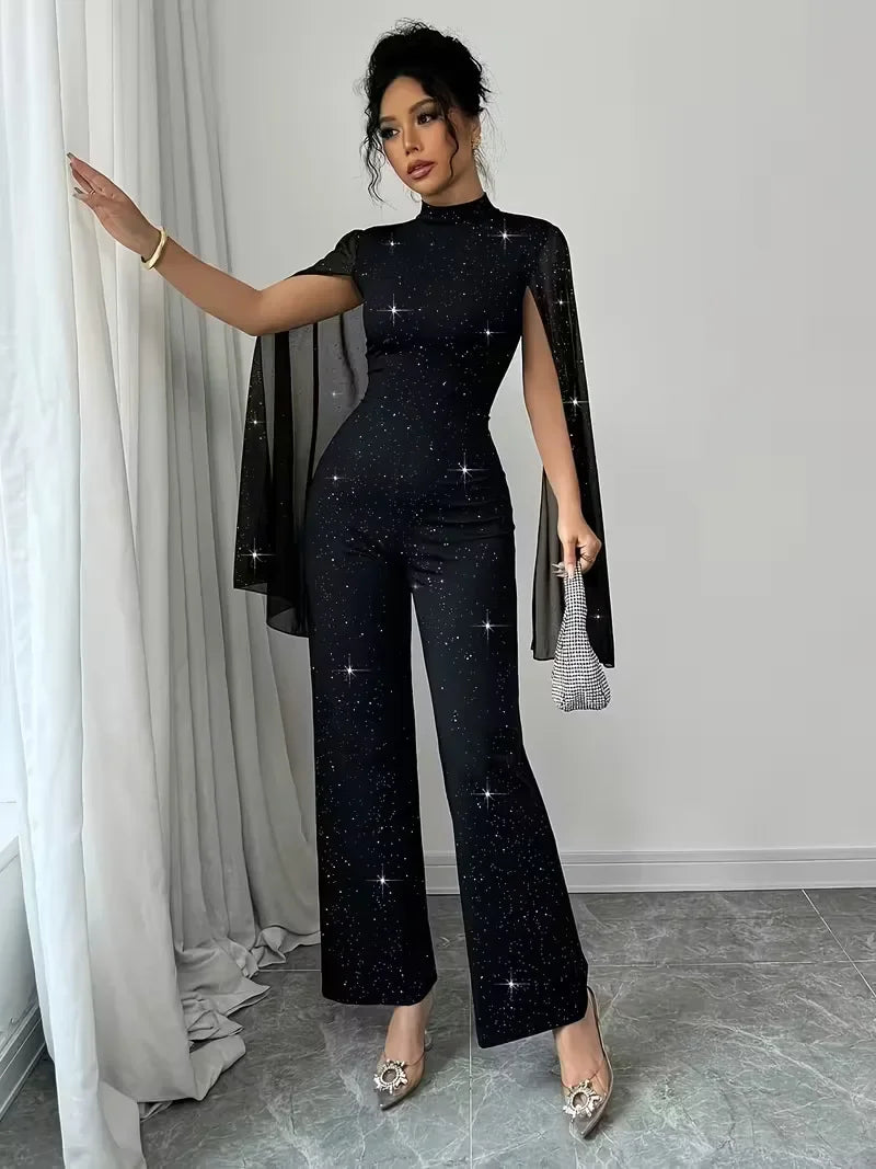 Manhattan Glitter Mock Neck Sheer Chiffon Cloak Sleeve Elegant Overalls Temperament Jumpsuit