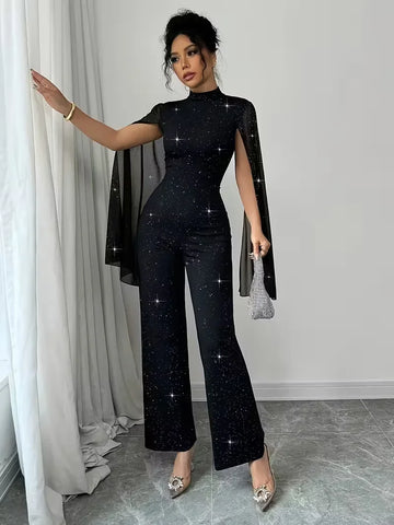 Manhattan Glitter Mock Neck Sheer Chiffon Cloak Sleeve Elegant Overalls Temperament Jumpsuit