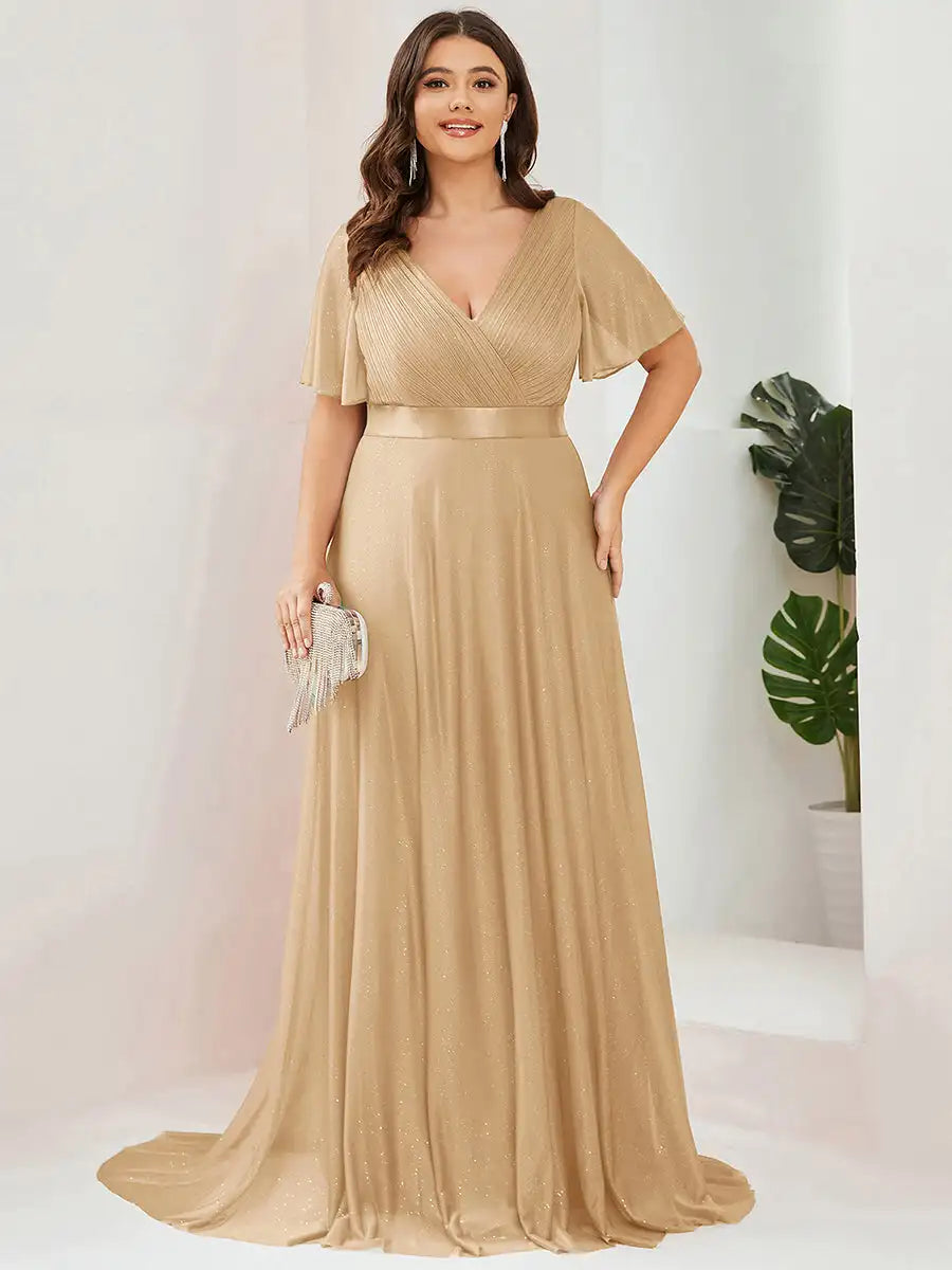 Gazcue Plus Size Chiffon Mother of the Bride Party Glitter V Neck A Line Dress