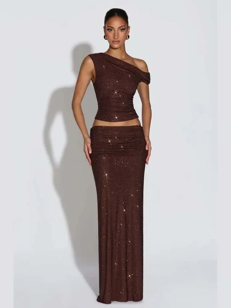 Shirley Beading Sequin Two Piece Set Crop Slim Outfits