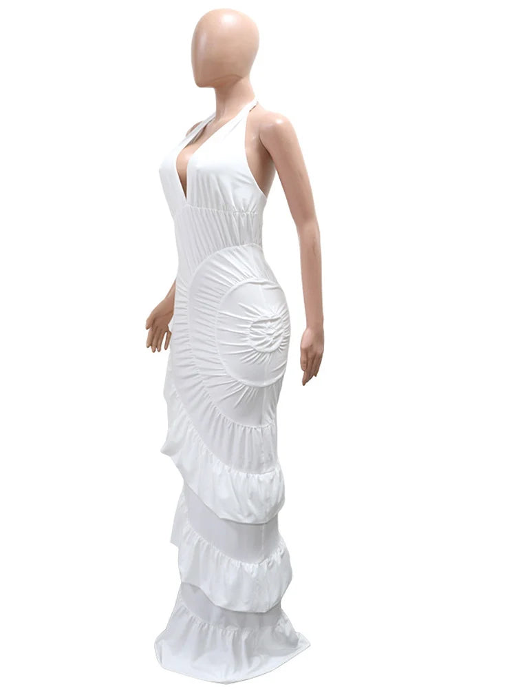 Bonnie Forest Halter Neck Ruched Mermaid Elegant V-Neck Ruffle Maxi Dress