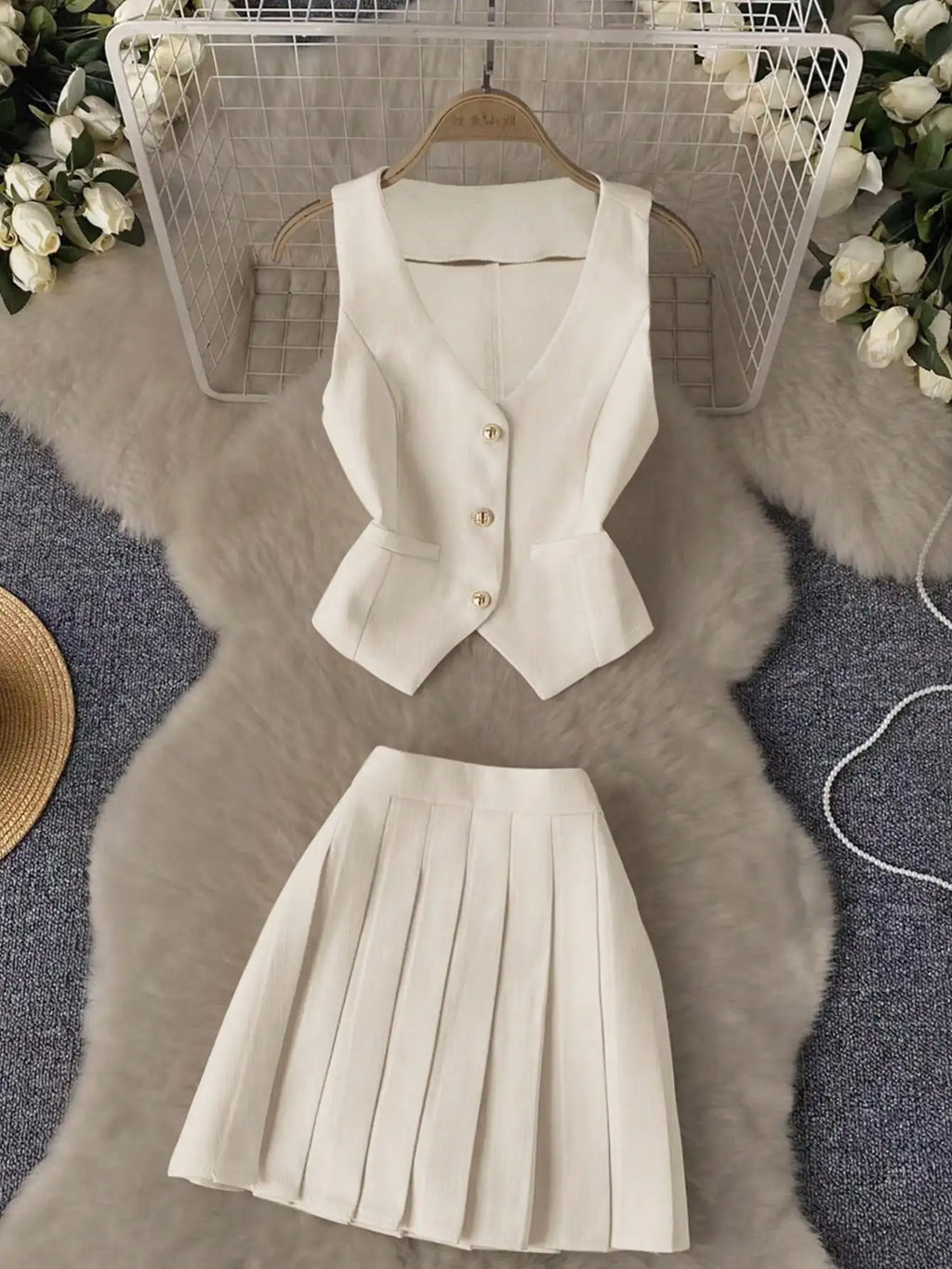 Lisbeth V-Neck Waist-Cinching Vest & Pleated Two Piece Sets