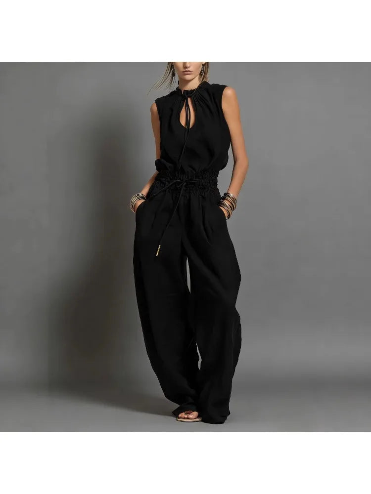 Summer Jumpsuits for Woman Wide Leg Sleeveless Lace Up Jumpsuit High