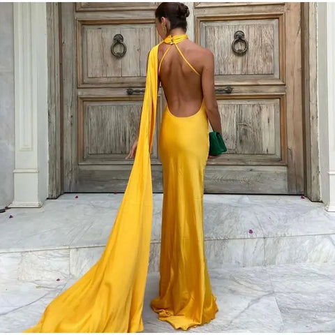 Meadville Elegant Ribbon Halter Solid Off Shoulder Sleeveless Backless Slim Maxi Dress