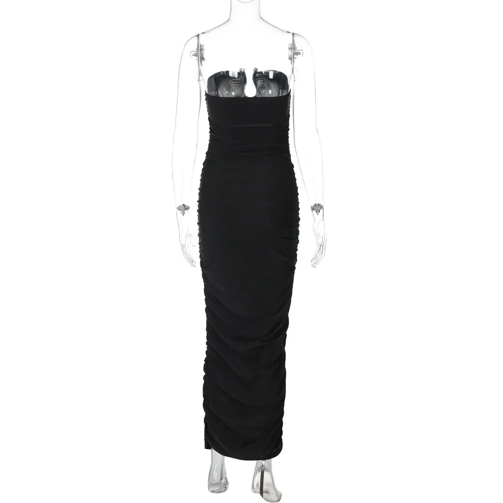 Greenville Sleeveless Strapless Pleated With Button Elegant Long Maxi Dress