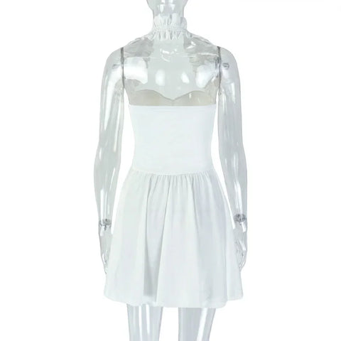 Port Morris Halter Backless Strapless Club Night Party High Waist Pleated Mini Dress