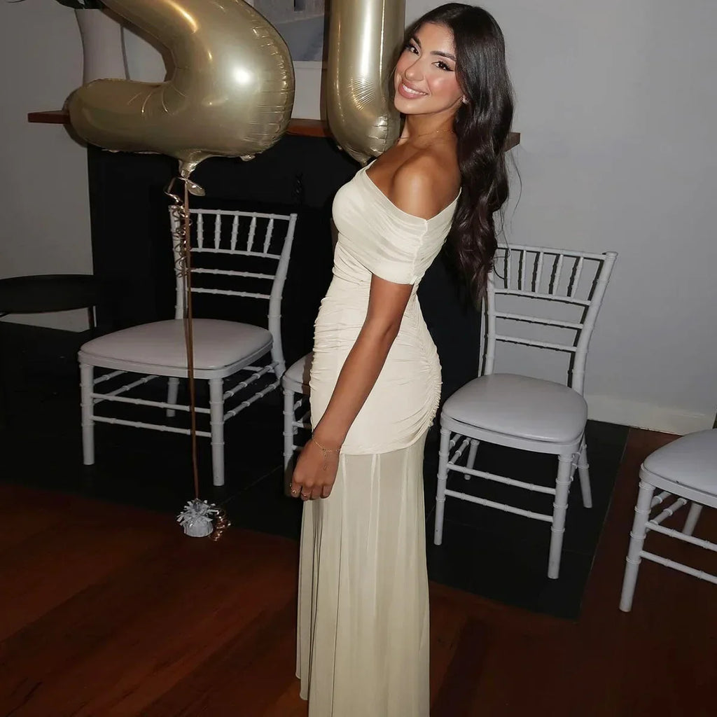 Cowen Off Shoulder Mesh Apricot See Through Ruched Dress