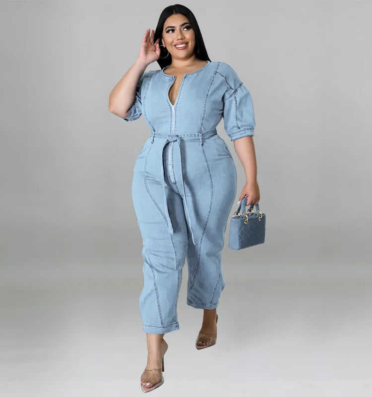 Plus Size Half Zipper Front Belted Jumpsuit Women New Streetwear Puff Sleeve Fashion Washed Jumpsuit