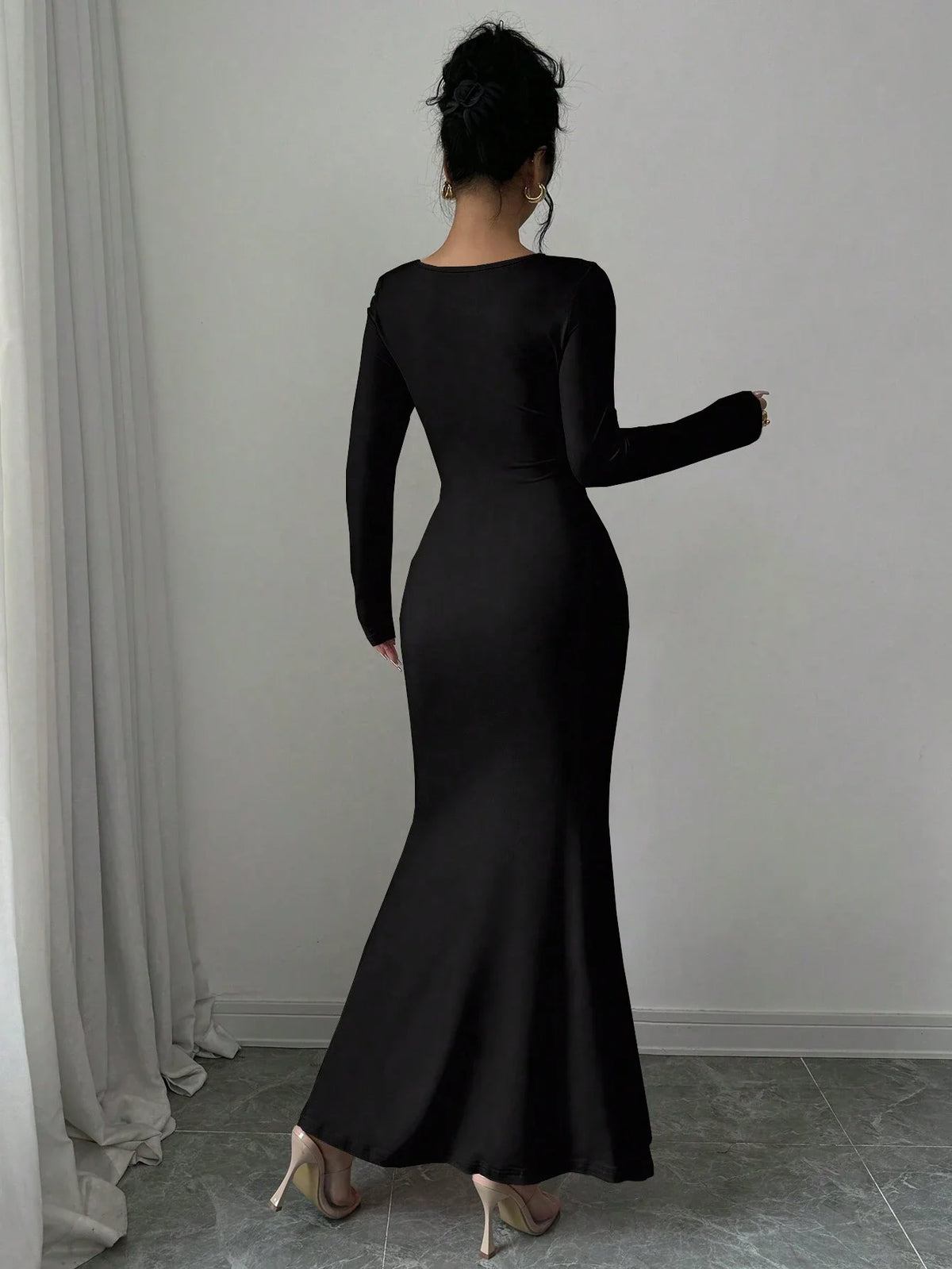 Nisao Four Seasons New Style Elegant Temperament Retro Solid Color Square Long Dress