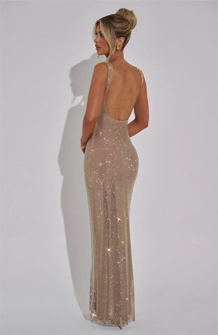 Bellport Sequins Backless Gown Sparkle Square Collar Sleeveless Bodycon Long Dress