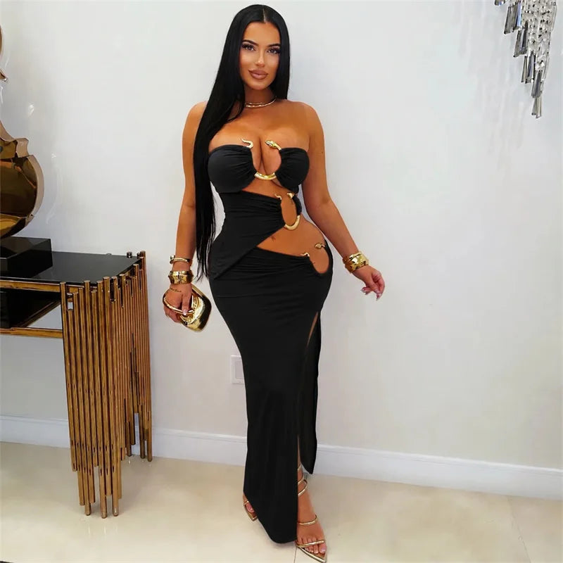 Alabama Metal Ring Bandage Strapless Night Hollow Out Bodycon Maxi Dress