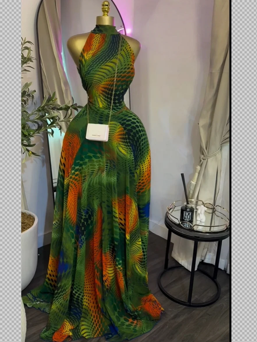 O Neck Sleeveless Floral Print Mermaid Evening Birthday Beach Sexy Maxi Dress