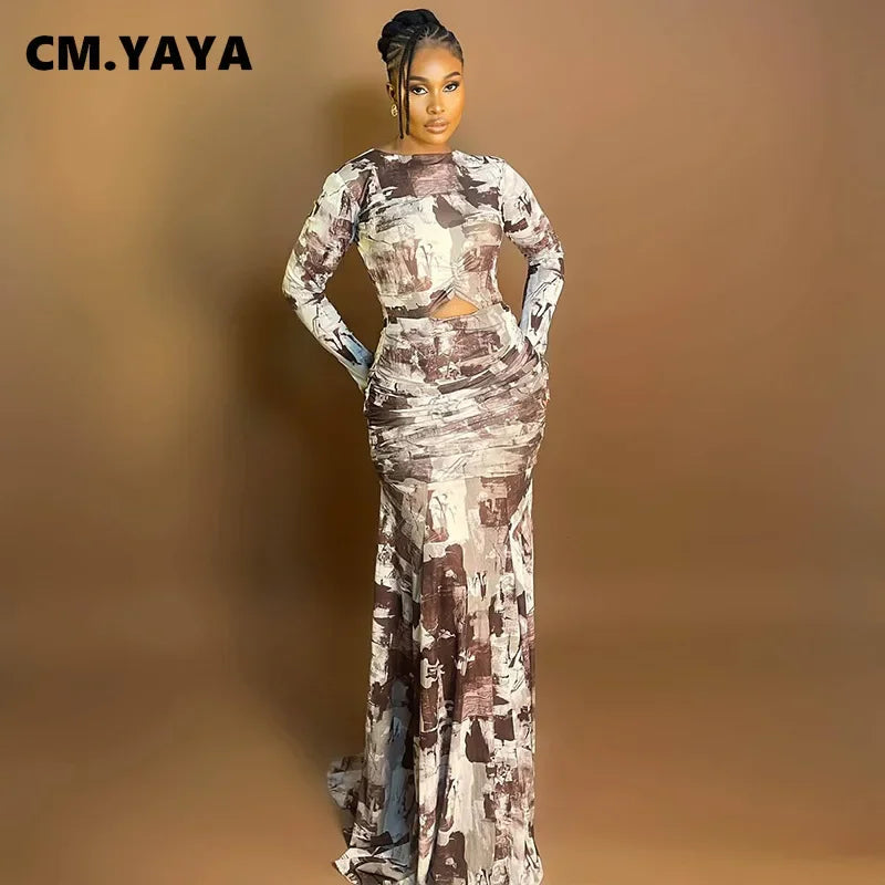 Quintana Roo Printed Ruched Long Sleeve Cutout Maxi Long Dress