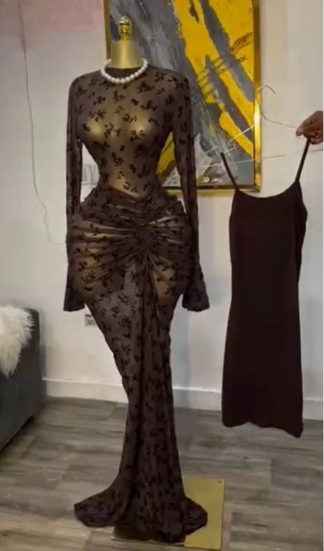 Peru Long Sleeve Stacked Mesh See Though with Lining Bodycon Long Dress