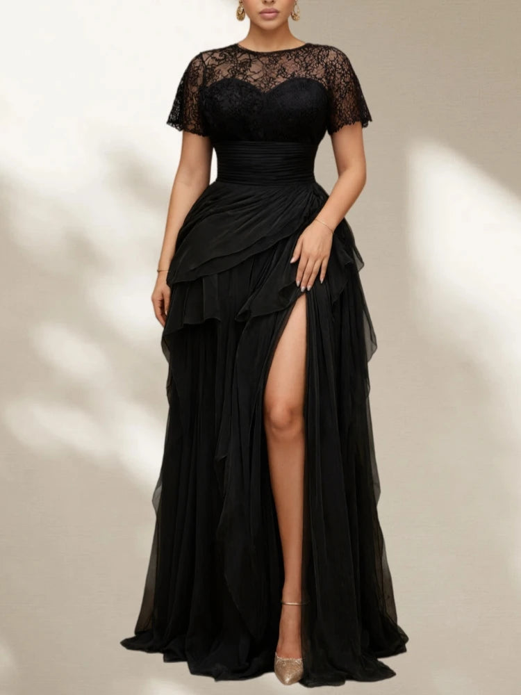 Ohio Plus Size Lace Mesh Evening Formal Splice Hollow Out Split Hem Dress