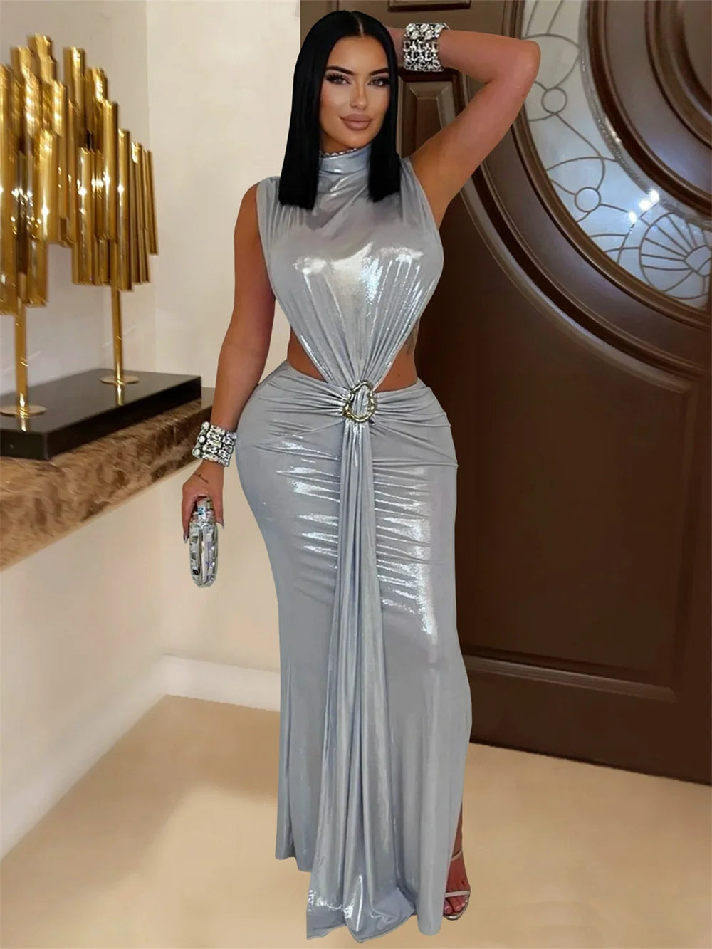 Hudson Square Side Split Ruched Sleeveless Waistless Silky Sexy Metal Button Ribbon Dress