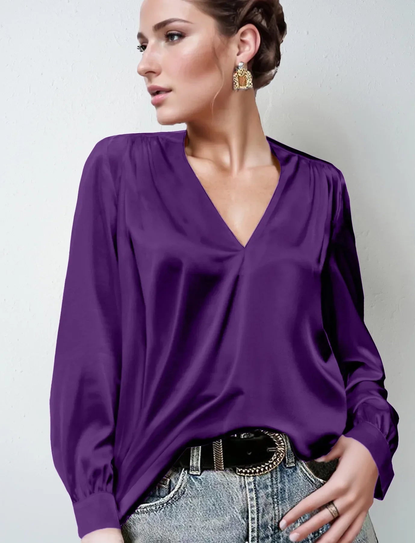 Elmer Solid Color V-Neck Long Sleeve Office Loose Elegant Blouse