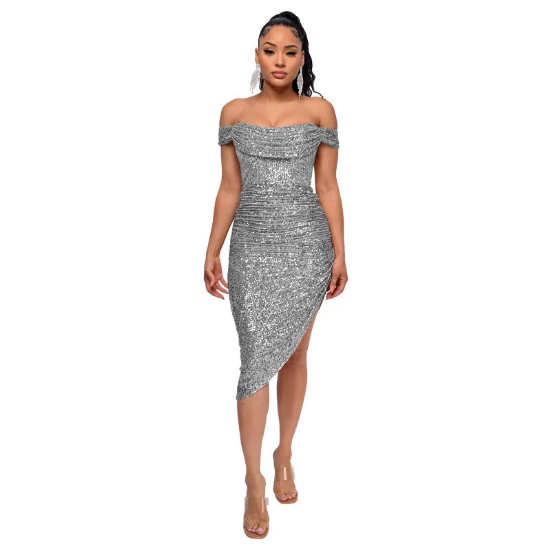 Virginia One Shoulder Bodycon Sparkly High Slit Midi Dresses