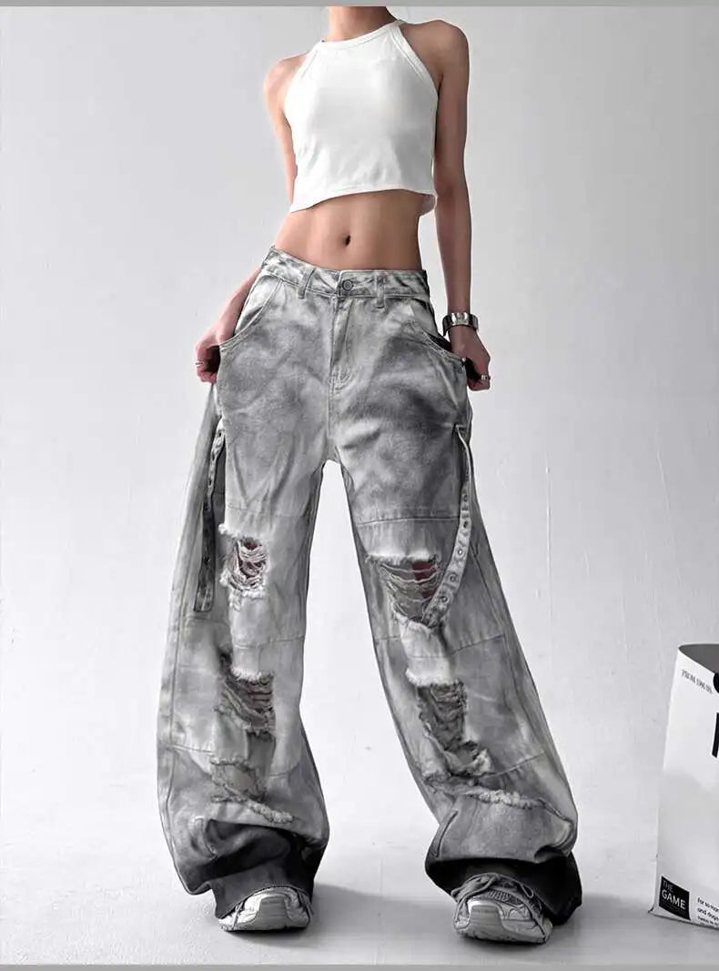Jeans American High Street Ripped Straight Wide-Leg Jeans For Women Design