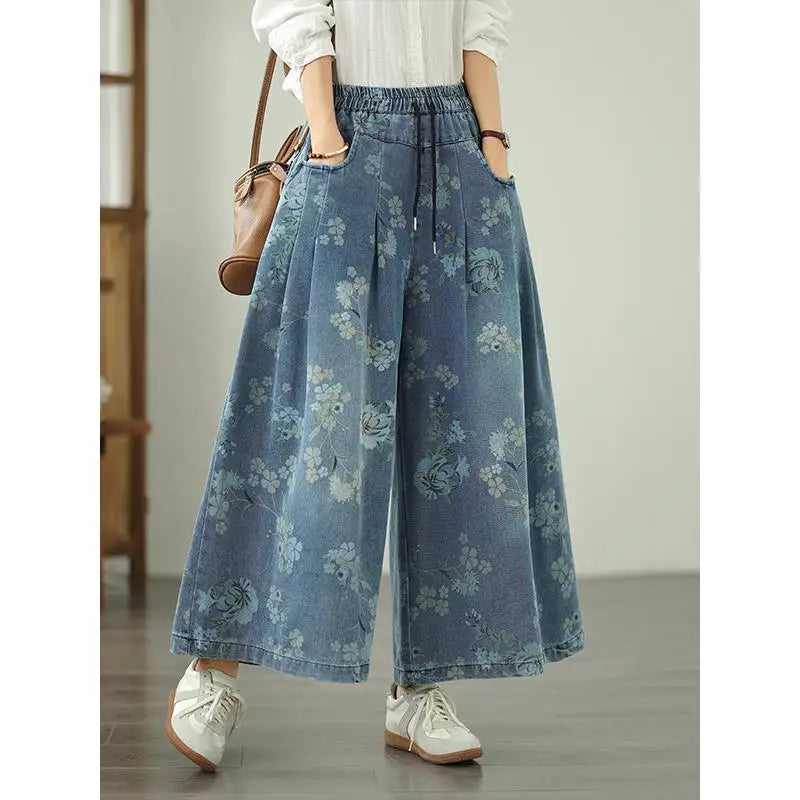 Printed Jeans For Women 2025 Autumn Vintage Extended Elastic Waist