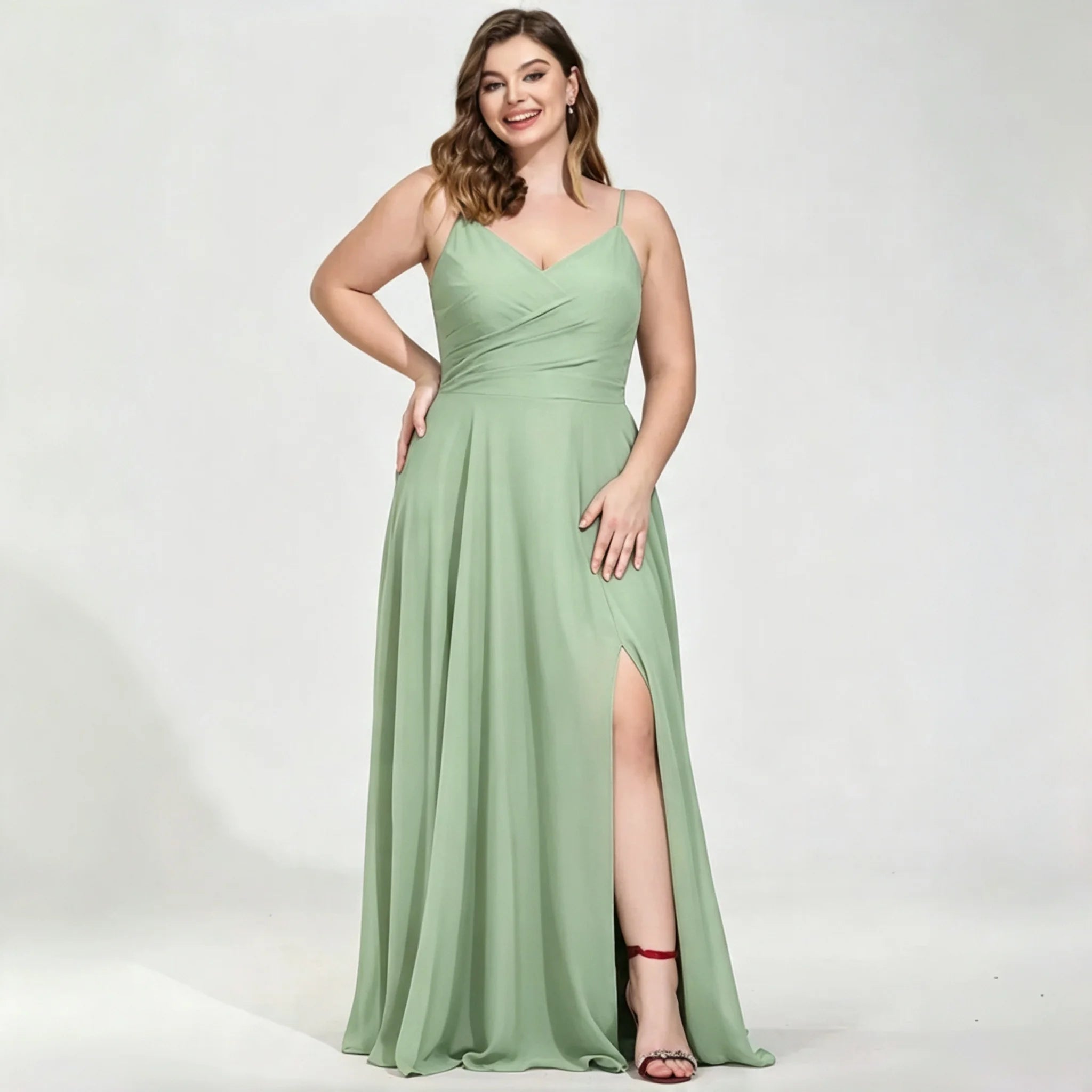 New York Plus Size Burgundy Chiffon Bridesmaid Spaghetti Strap Surplice V Neck Ruched Dress