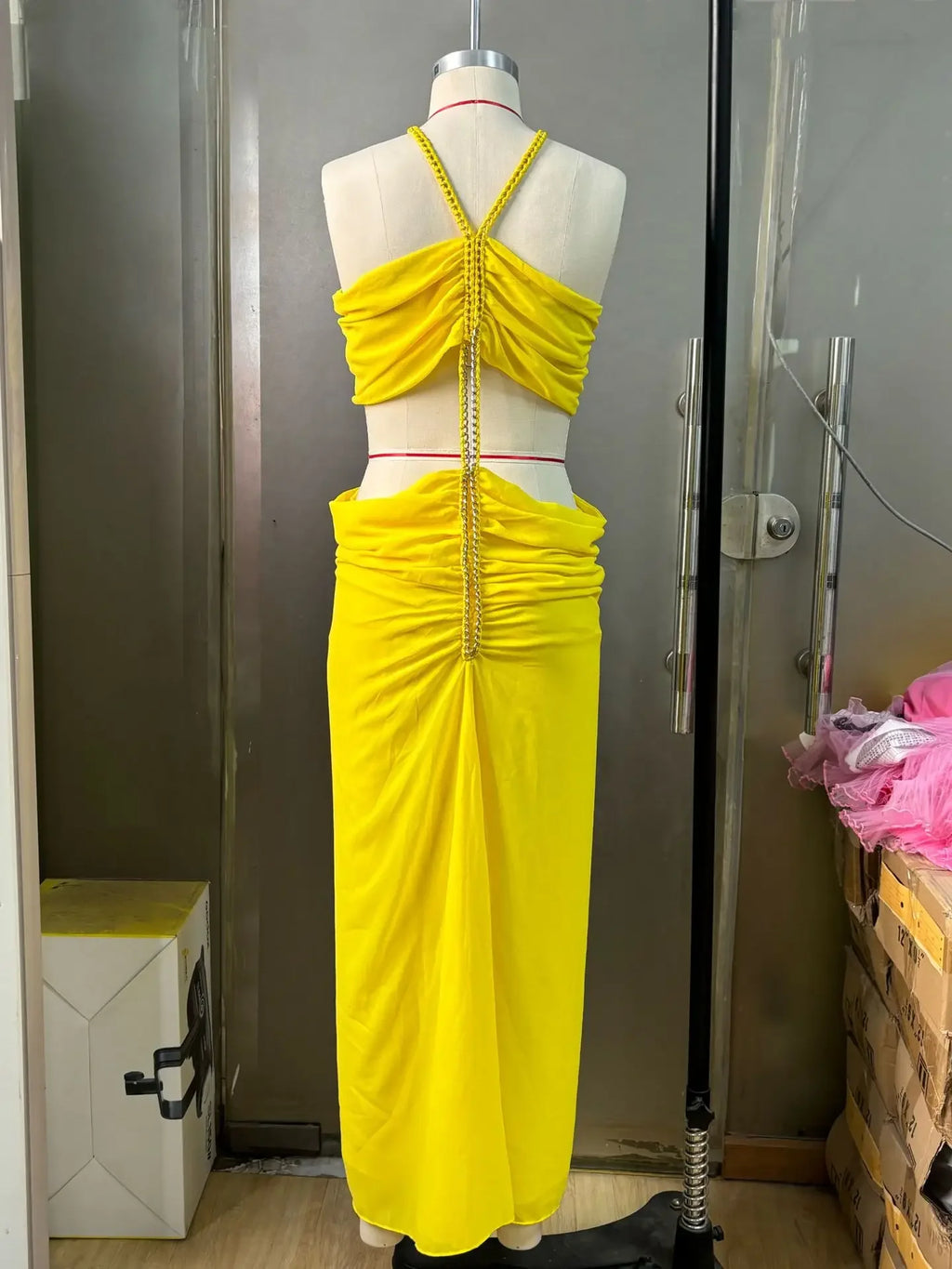 Grand Remous Irregular Low Waist Slit Sleeveless Hanging Neck Chain Chiffon Dress