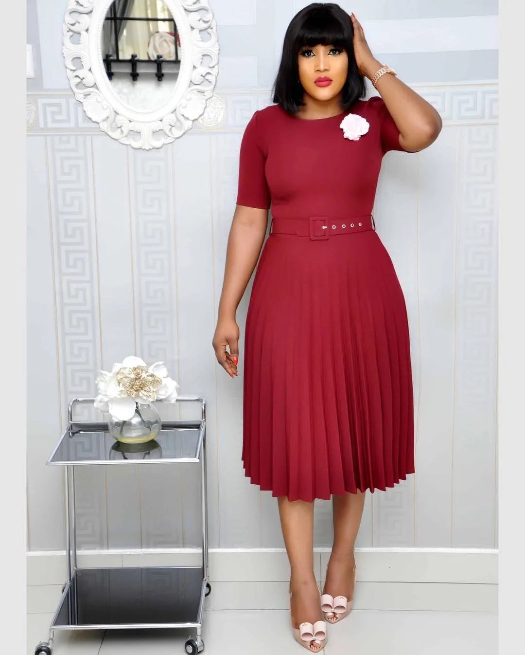 Cincinnati Plus Size Pleated Ladies O Neck Solid With Belt Mid-Calf Office Dress