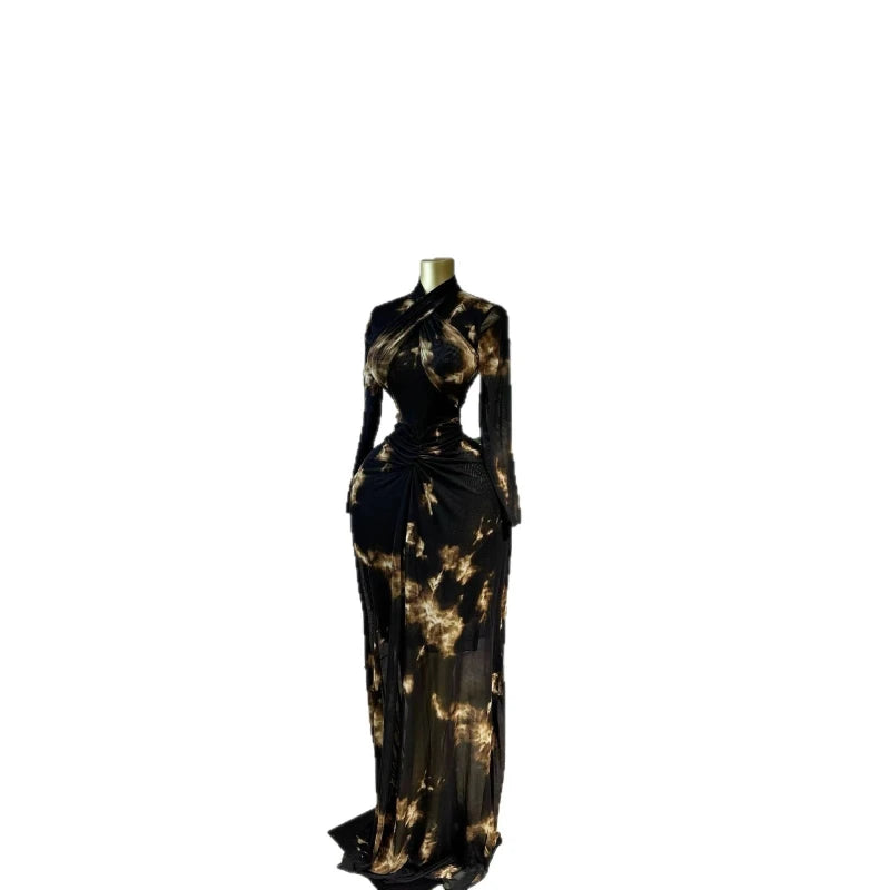 Streetwear Sexy Full Sleeve Hip Wrap Elegant Splice Party Night Maxi Dress