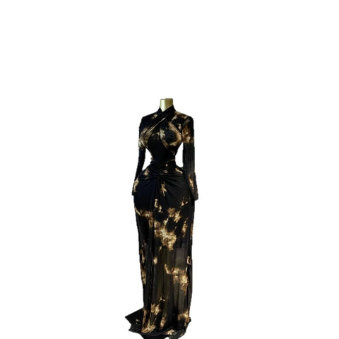 Streetwear Sexy Full Sleeve Hip Wrap Elegant Splice Party Night Maxi Dress