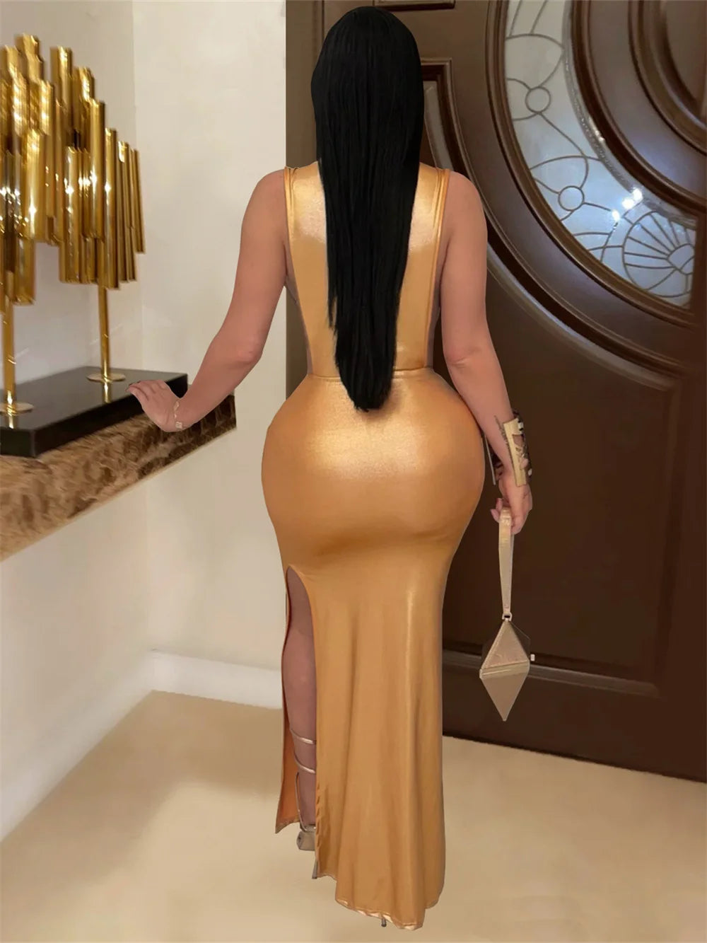 Hudson Square Side Split Ruched Sleeveless Waistless Silky Sexy Metal Button Ribbon Dress