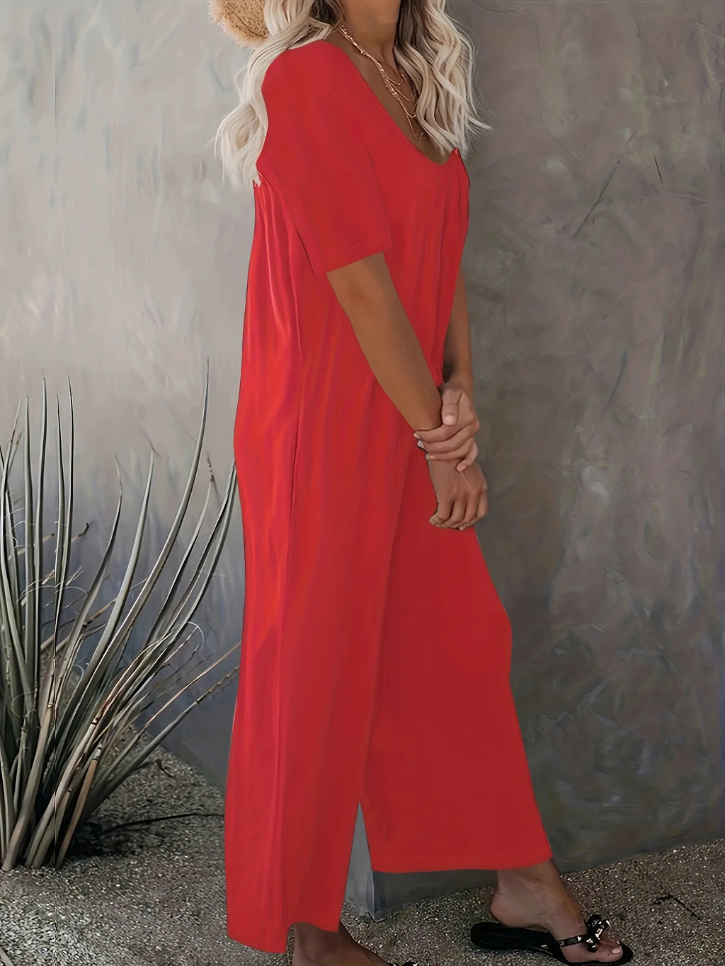 Plus Size Summer Women's Solid Color Jumpsuit with Pockets Casual Fashion
