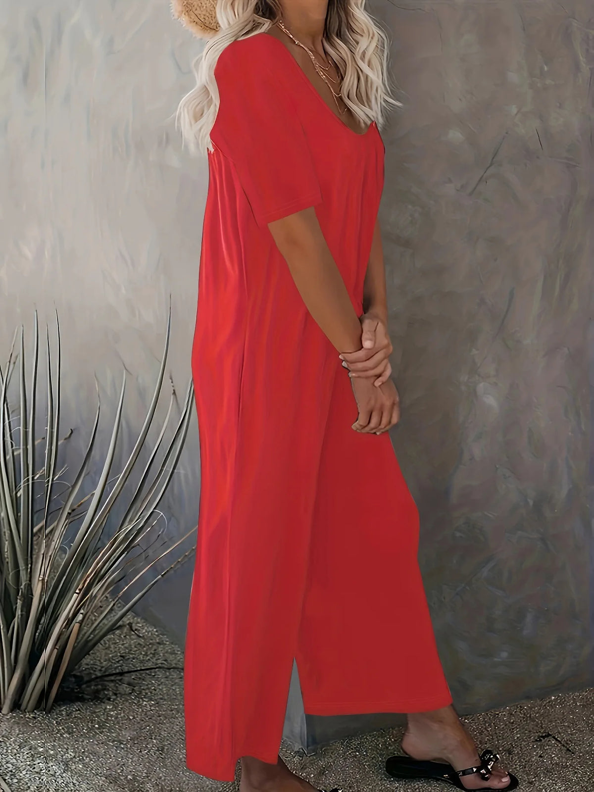 Plus Size Summer Women's Solid Color Jumpsuit with Pockets Casual Fashion