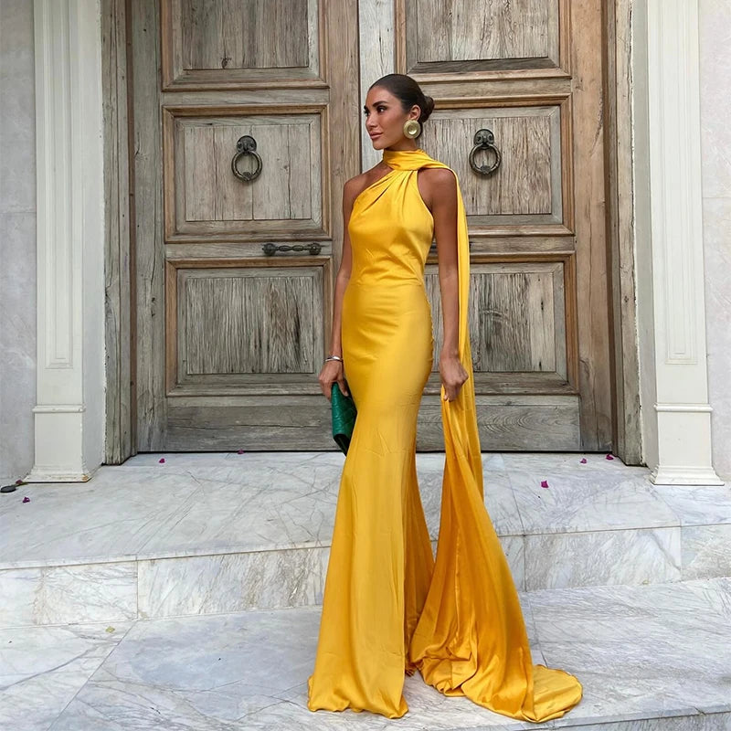Califon Sexy Satin Ribbon Party Elegant Halter Backless Off Shoulder Sleeveless Maxi Dress