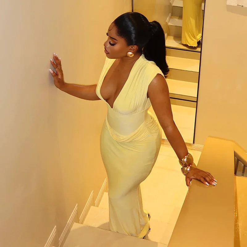Elmora Sexy Ruched Bodycon Solid Sleeveless V-Neck Slim Long Maxi Dresses