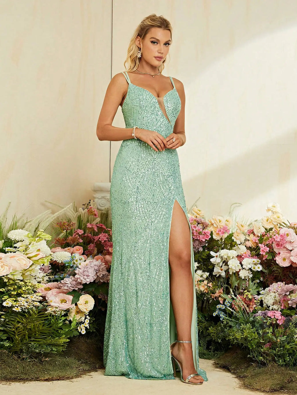 Hazleton Strapless V Neck Mesh Sheer Fishnet High Arcuate Dress