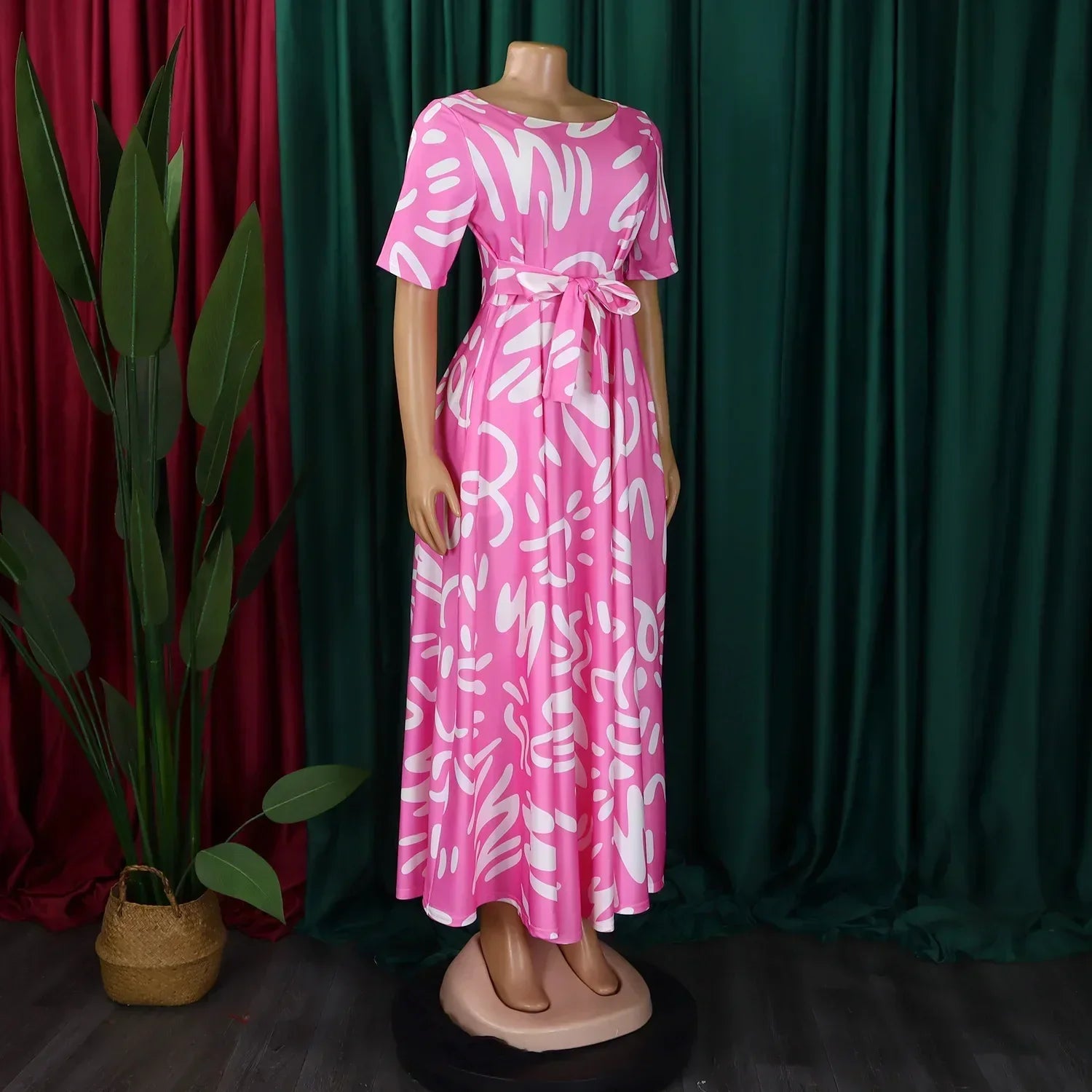 Printed Belted Dress Elegant  Knee-Length Round Neck Short Sleeve Dress