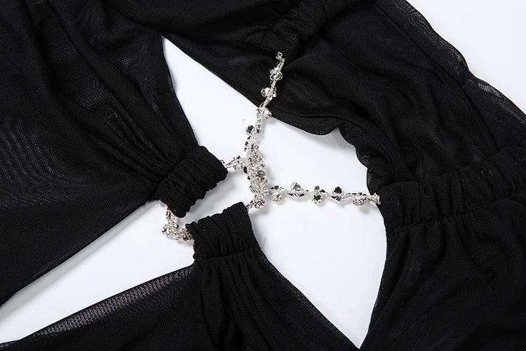 Pine Plains Sexy See Through Luxury Chain Halter Low Neck Backless Dress