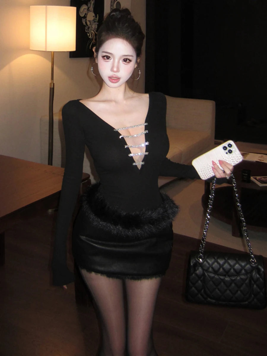 Lia Sexy Deep V Neck Long Sleeve Two Piece Sets