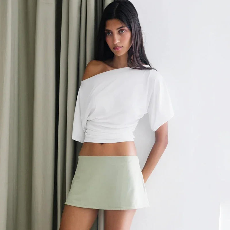 Weequahic One Shoulder Fashion Slim Shrink Sleeve Solid Pullover Tops