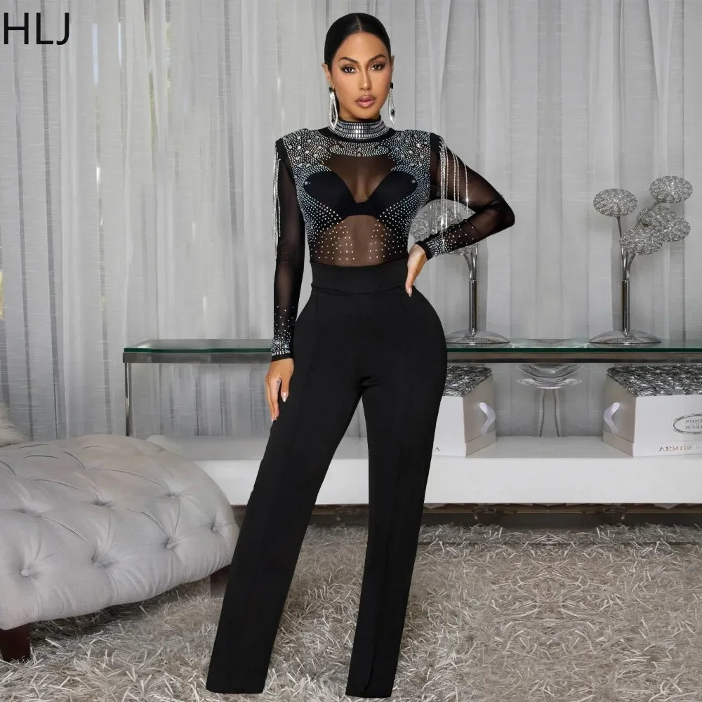 Lincoln Square Rhinestone Patchwork Mesh See Through Long Sleeves Jumpsuit