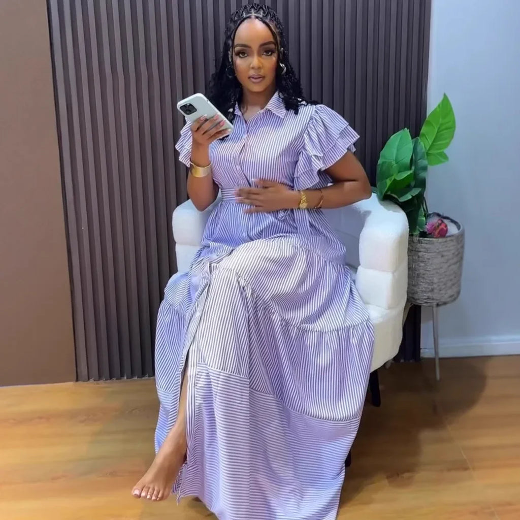 Rutherford Striped Butterfly Sleeve Loose High Waist Single Breasted Casual Long Dress