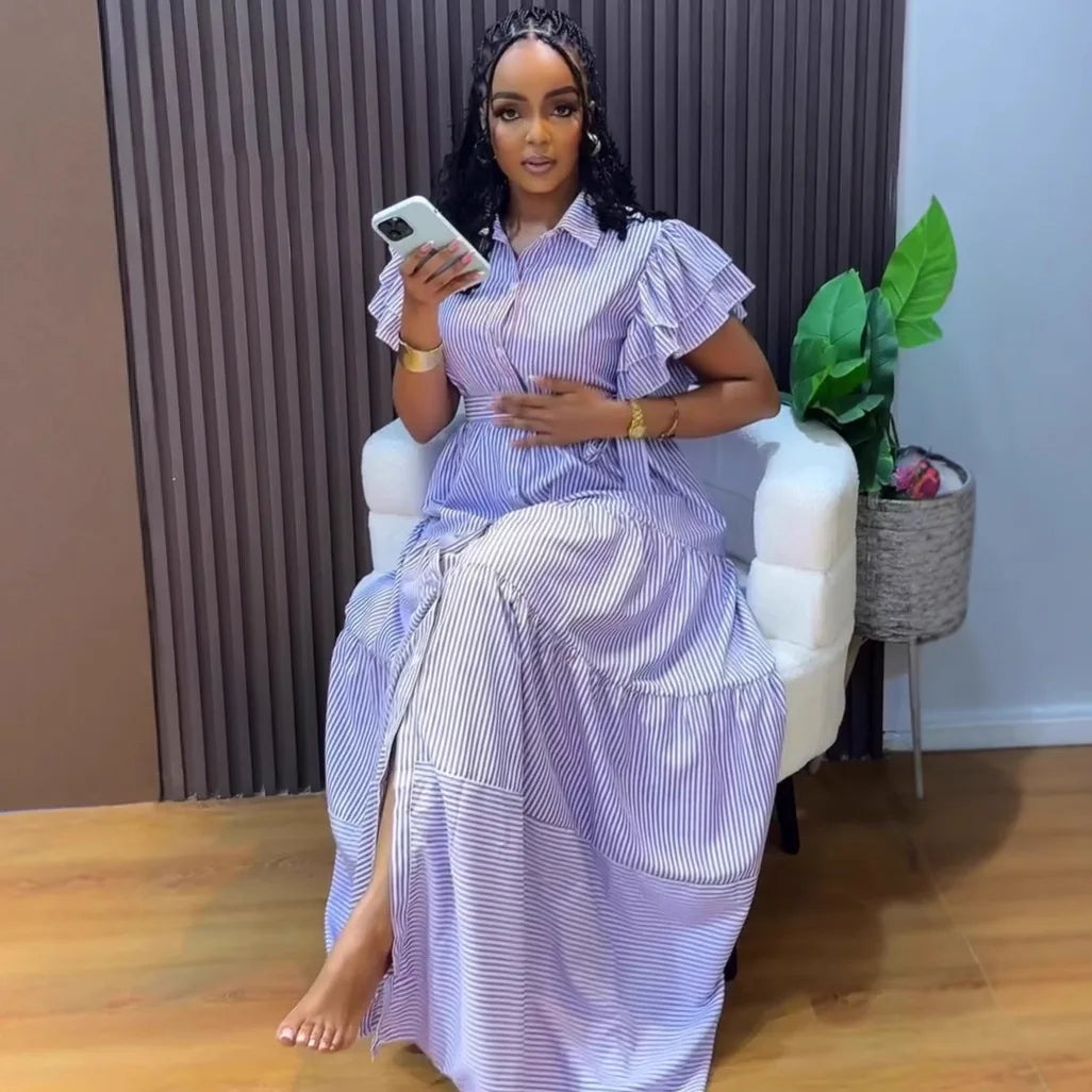 Rutherford Striped Butterfly Sleeve Loose High Waist Single Breasted Casual Long Dress