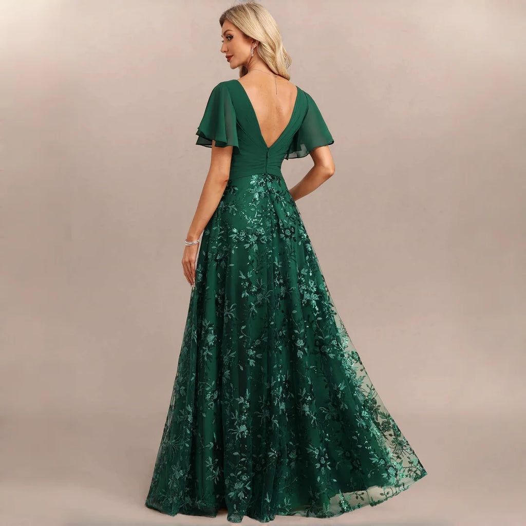 Neiba Dark Green V Neck Chiffon Flutter Sleeve Bridesmaid Ruched Waist Floral Sequin Dress
