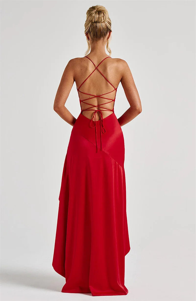 Haverstraw Satin Spaghetti Strap Ruffle Sexy Off-shoulder Sleeveless Backless Maxi Dress