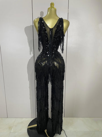 Watkin Glen Sparkly Black Rhinestones Sequined Fringe jumpsuit