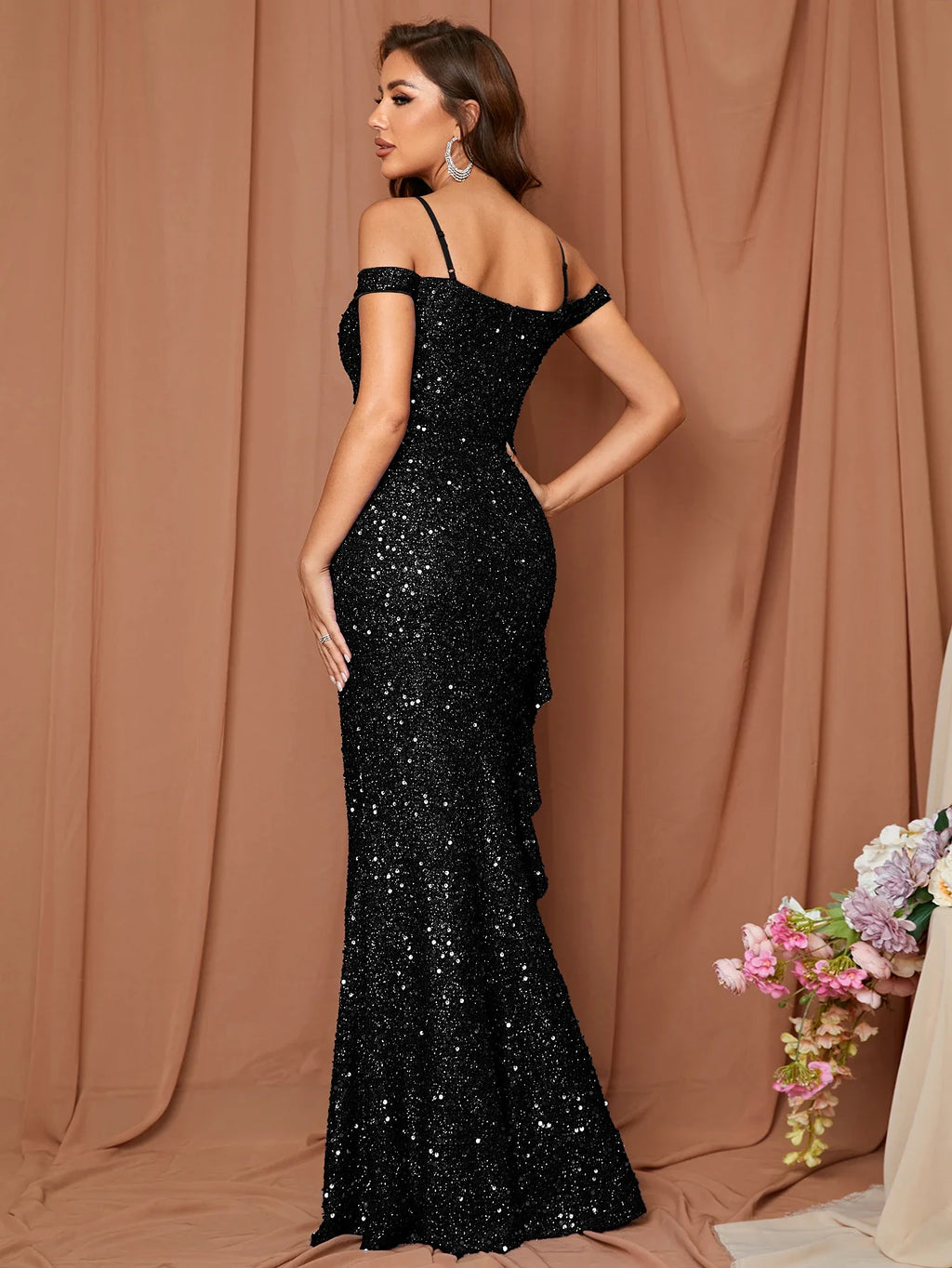 Kansas Sexy One Line Neck Slim Fit Sequin Split Evening Party Maxi Dress