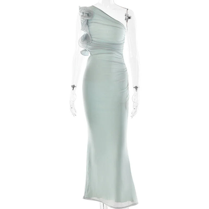 Allendale One Shoulder Bodycon Mesh Ruched Sexy Backless Long Dress