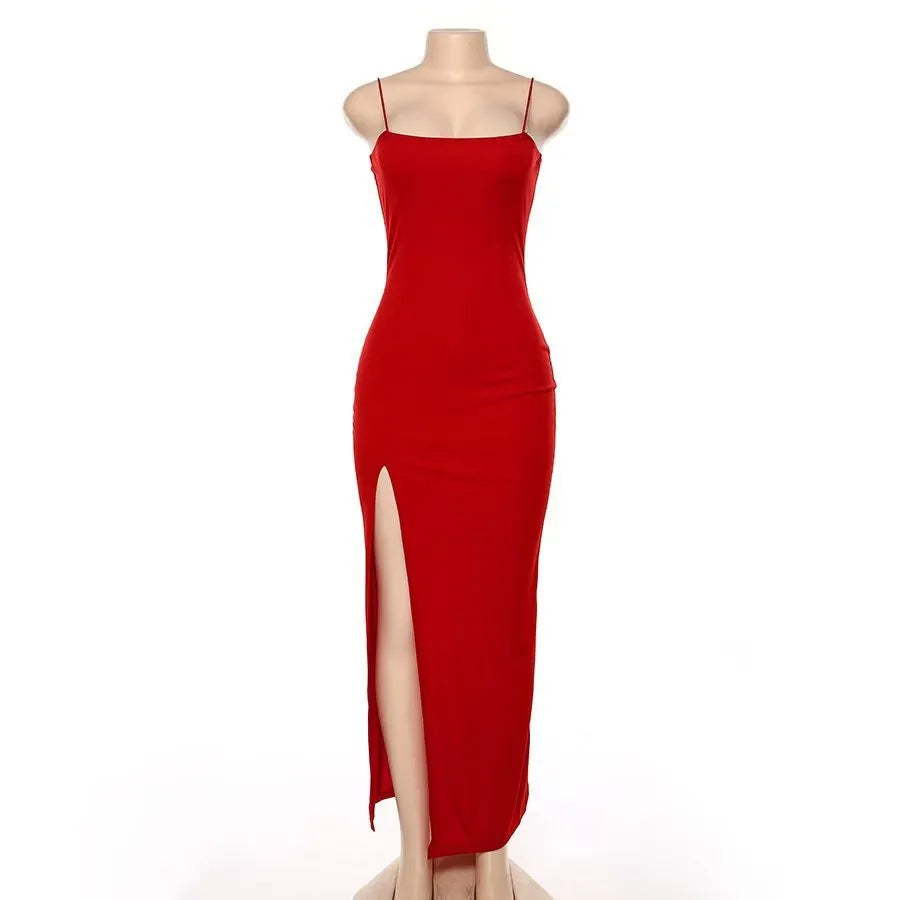Sexy Bodycon Dress Lady Sexy Spaghetti Strap Sleeve Split Solid Color Sheath Dress