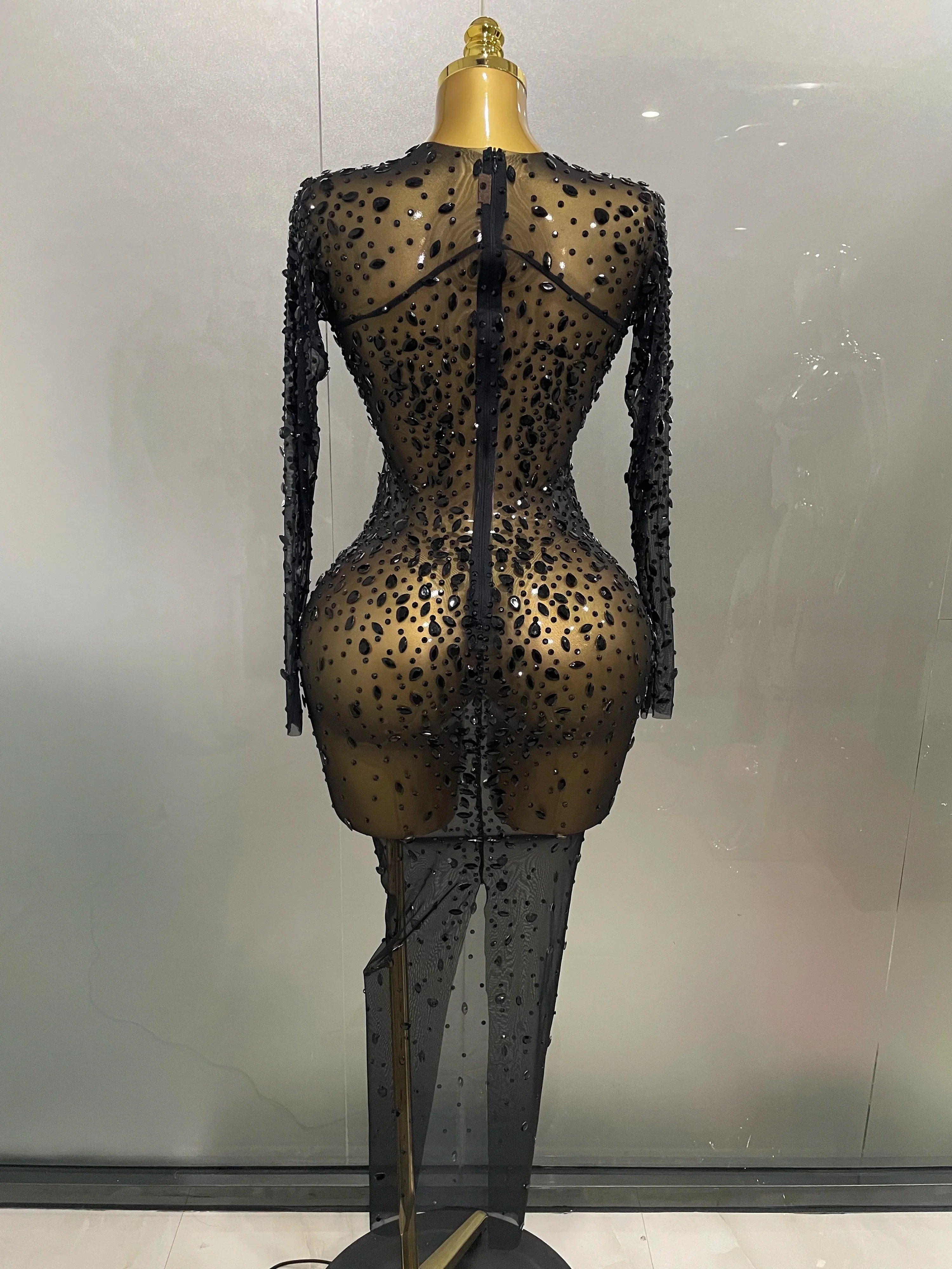 Cumberland Shinny Rhinestone Stretch Mesh Transparent Long Dress