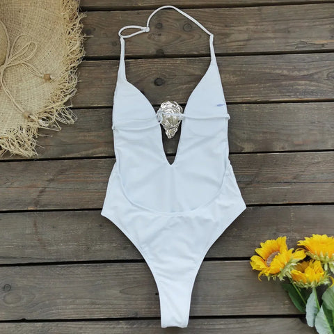 Champneuf Deep V Neck High Leg Backless Fashion Beachwear Outfits Set